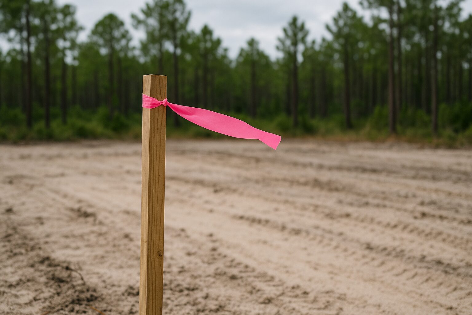 A surveyed corner stake at the edge of a cleared Florida lot