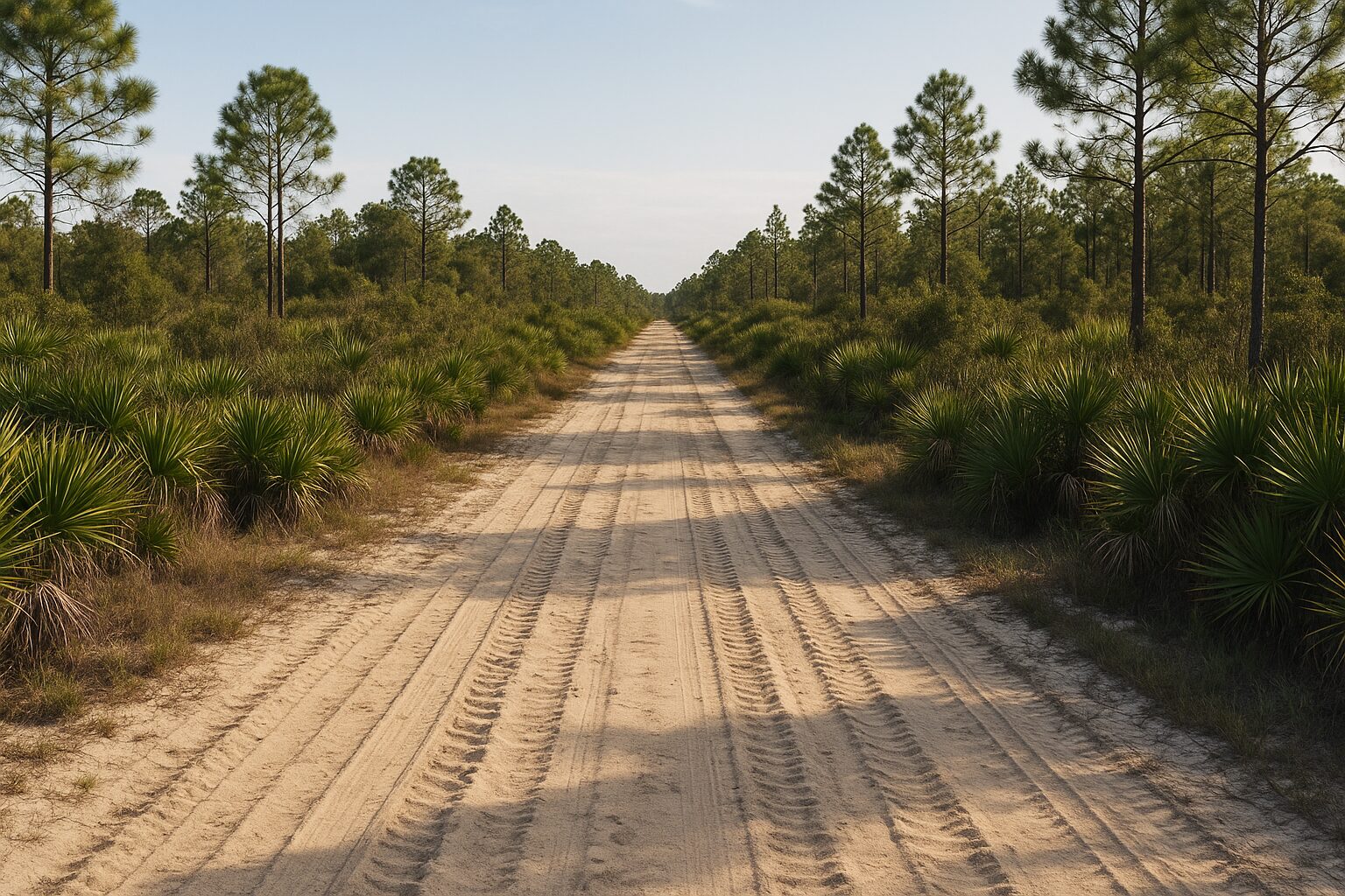 A platted but unbuilt subdivision road disappearing into palmetto scrub