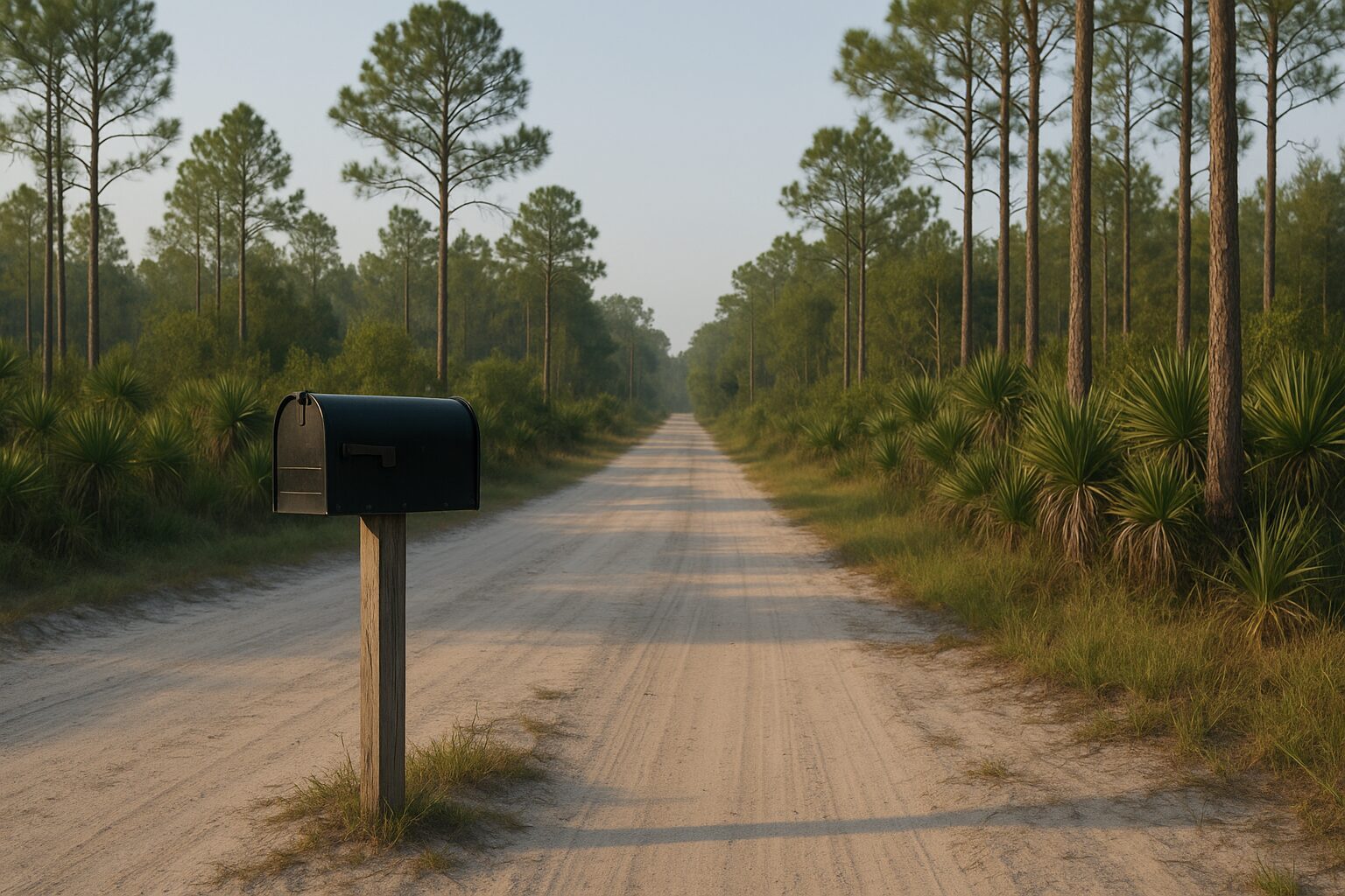 A rural Florida mailbox on a sand road with pines behind it