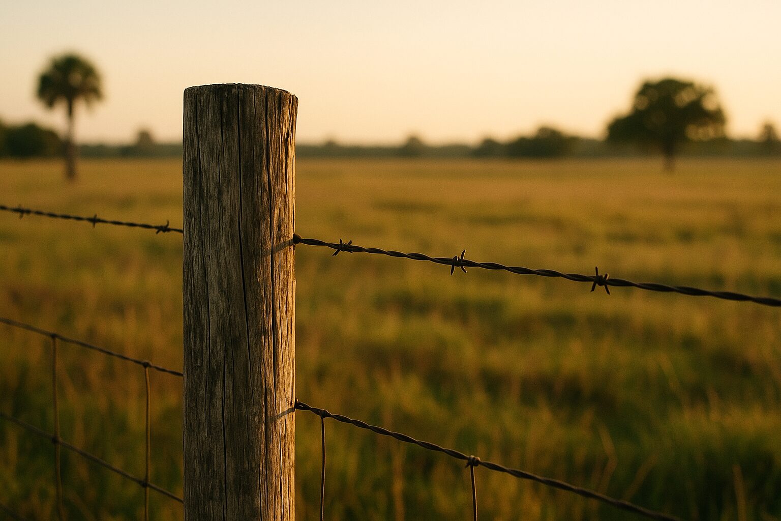 A weathered fence post and barbed wire at the edge of open Florida rangeland