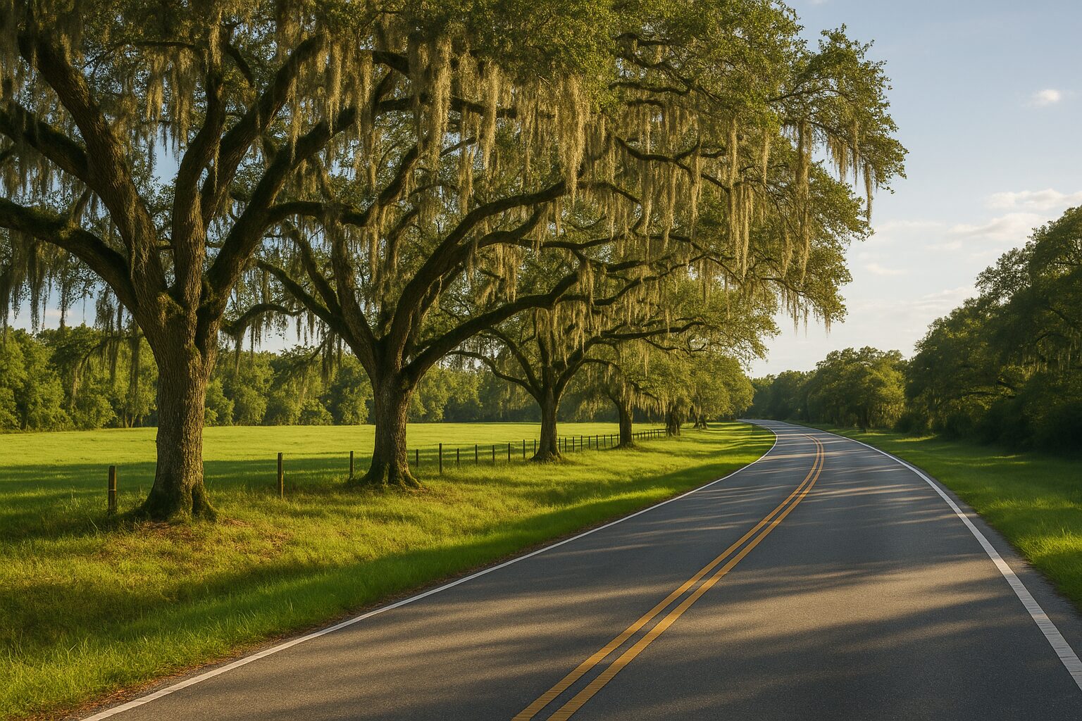 Live oaks and open pasture on a quiet Florida county road
