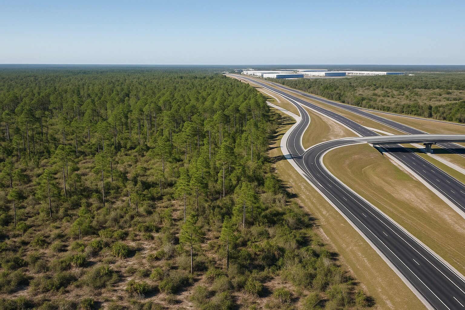 A wide aerial view of undeveloped Florida land beside a new highway interchange