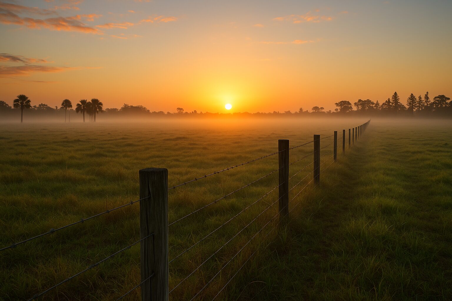 Sunrise over a Florida pasture with a fence line running into the distance