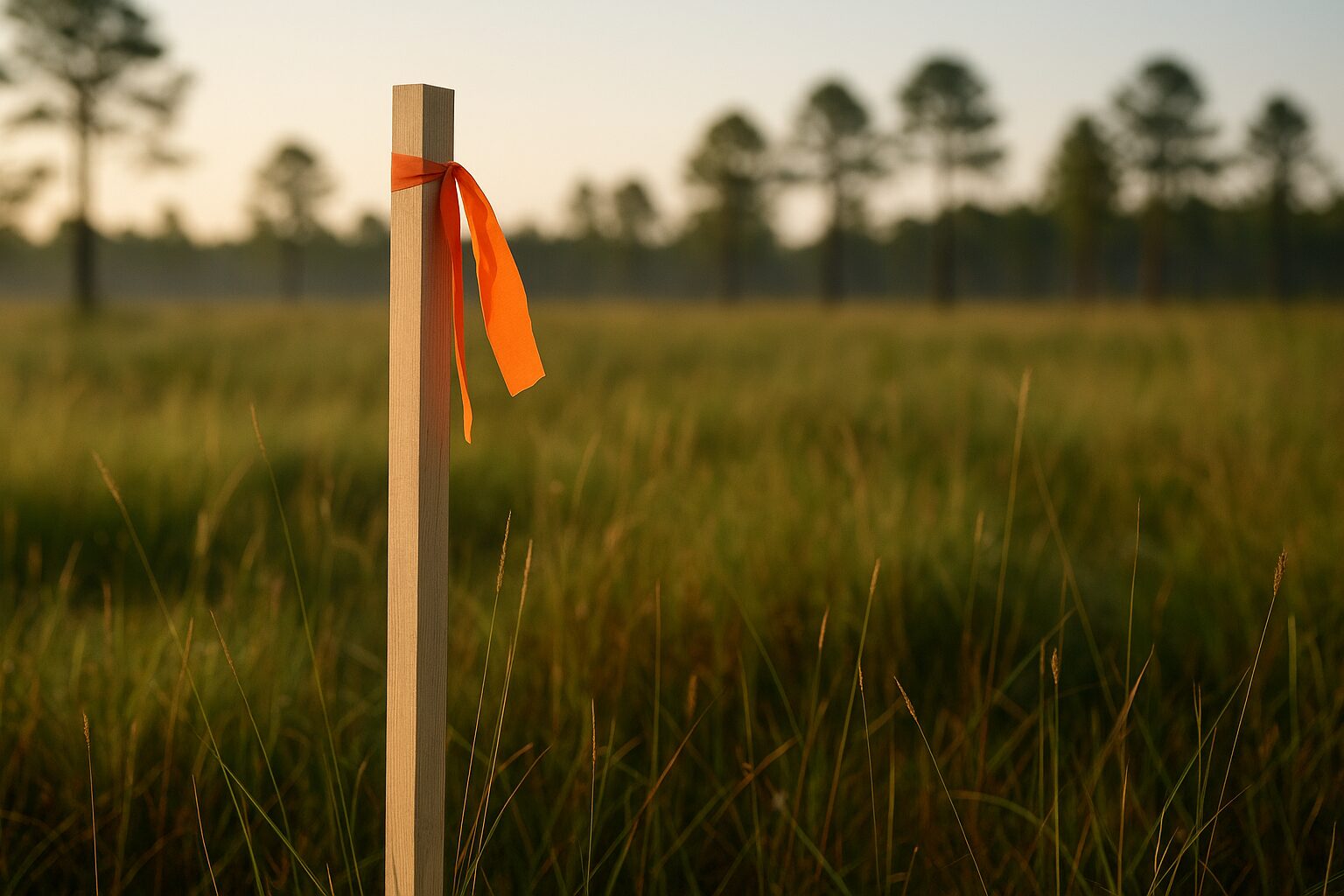A wooden survey stake with orange flagging in a Florida field