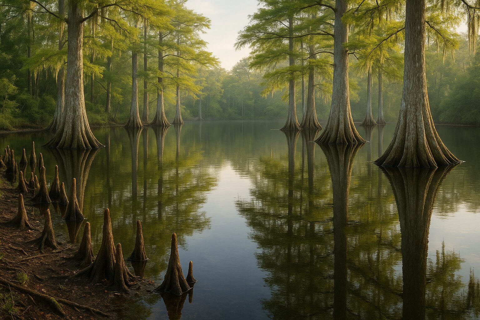 A cypress swamp edge with water reflecting the sky, the kind of land people call useless