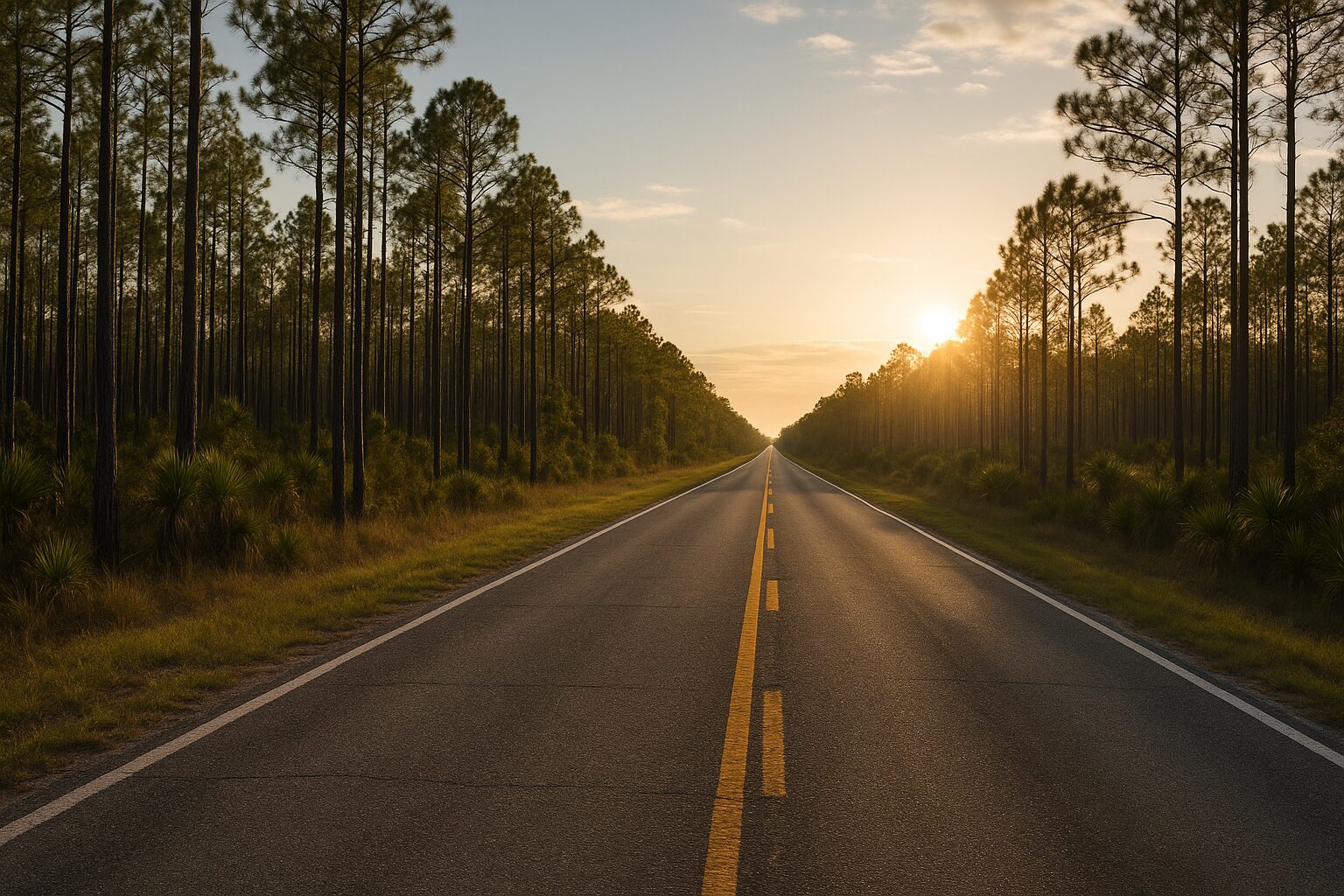 A county road running straight between pine woods toward the horizon