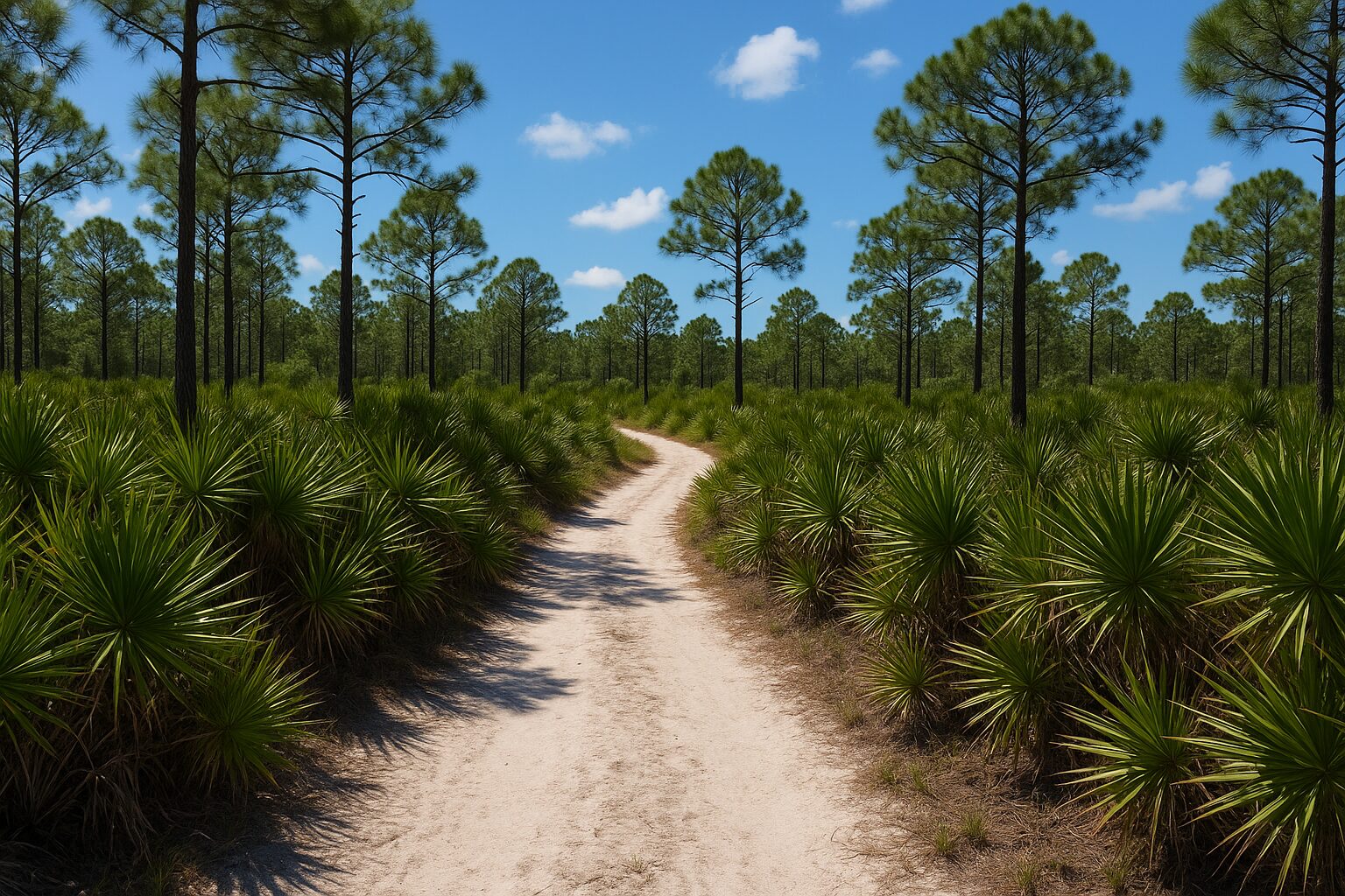 A sandy trail through saw palmetto and slash pine in central Florida