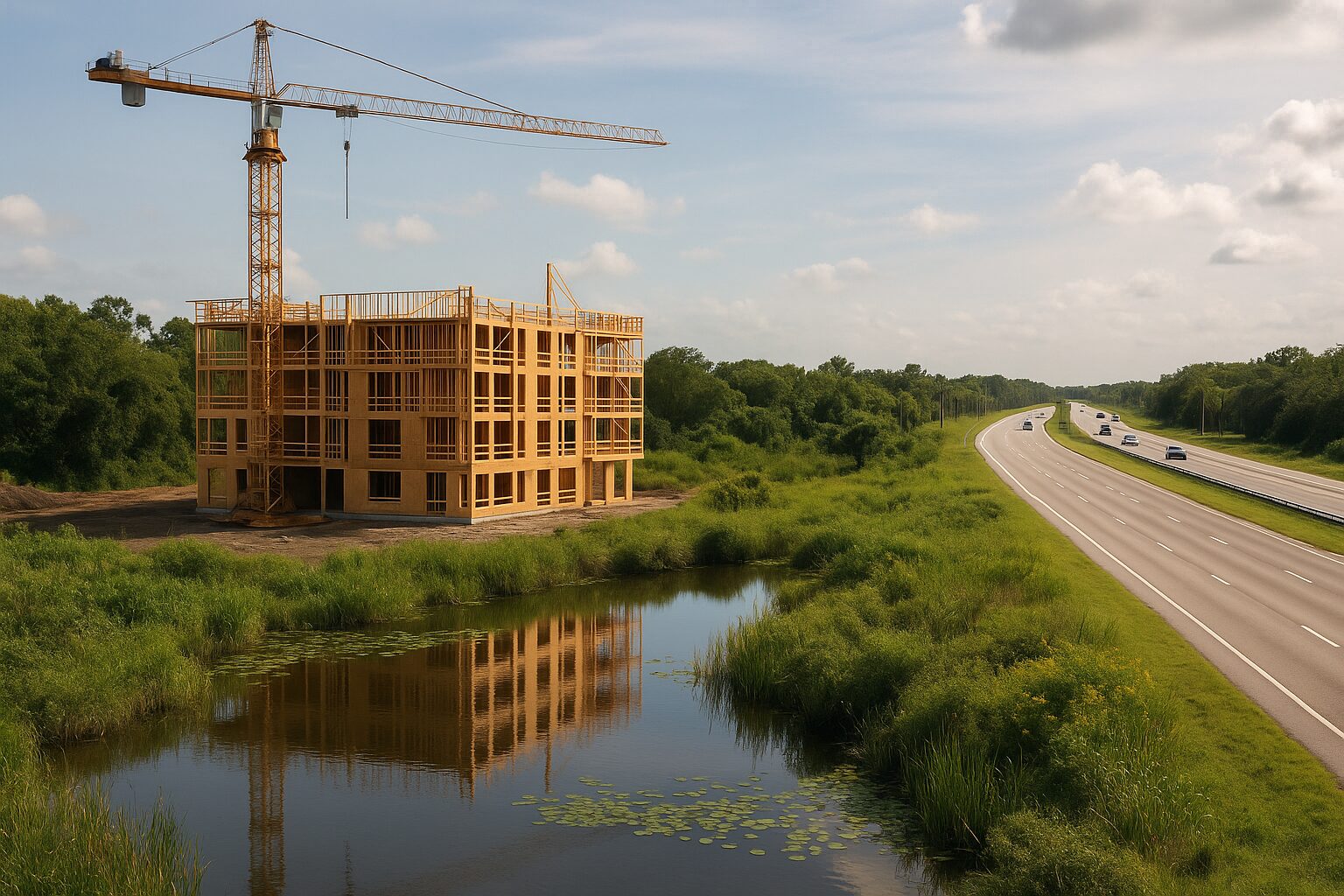 New construction rising beside a wetland preserve along a busy Florida highway