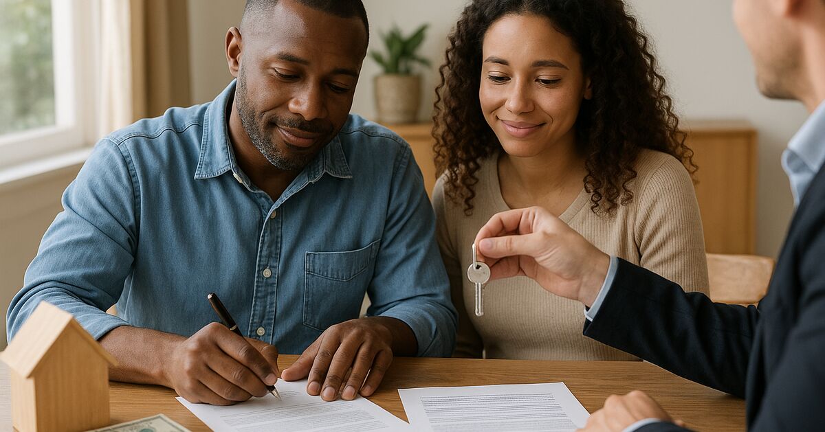 Signed land contract on a desk beside a calculator and a Florida county parcel map