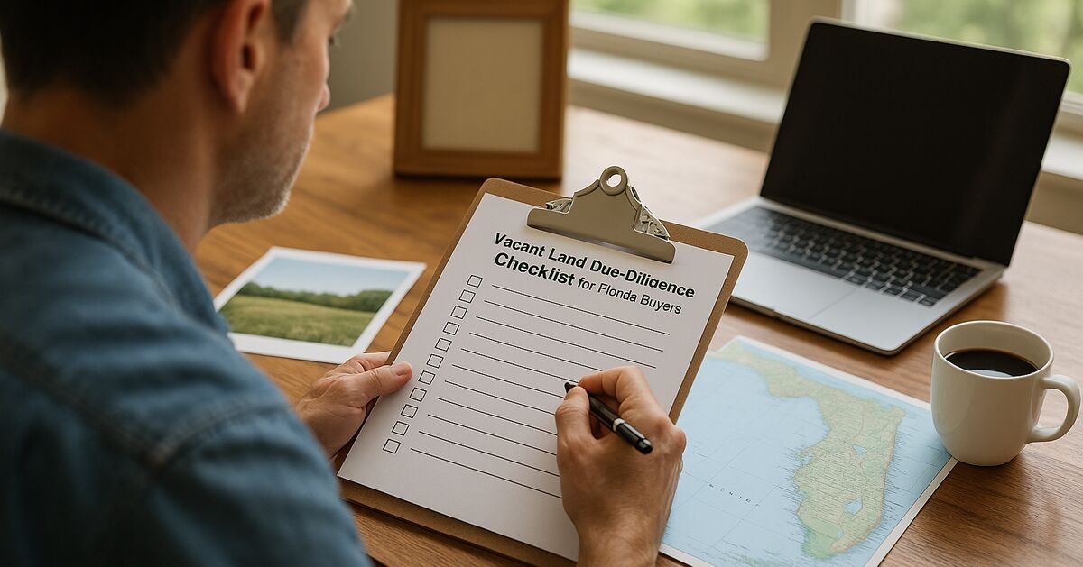 Printed county parcel map with a checklist and pen on a wooden table