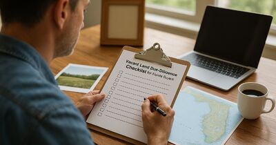 Printed county parcel map with a checklist and pen on a wooden table