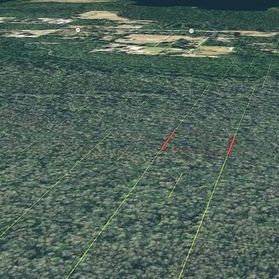 Aerial map view of a wooded 2.5 acre tract outlined in red within a grid of platted lot lines near State Road 11, DeLeon Springs, Volusia County